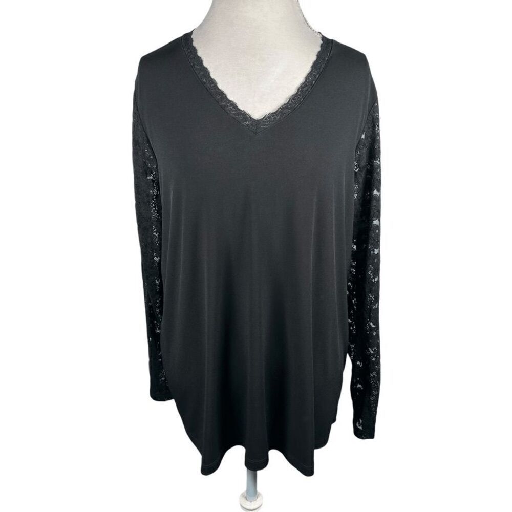 Susan Graver Black Tunic Shirt Sheer Lace Sleeves Romantic Boho Slinky Size 1X - Picture 3 of 9